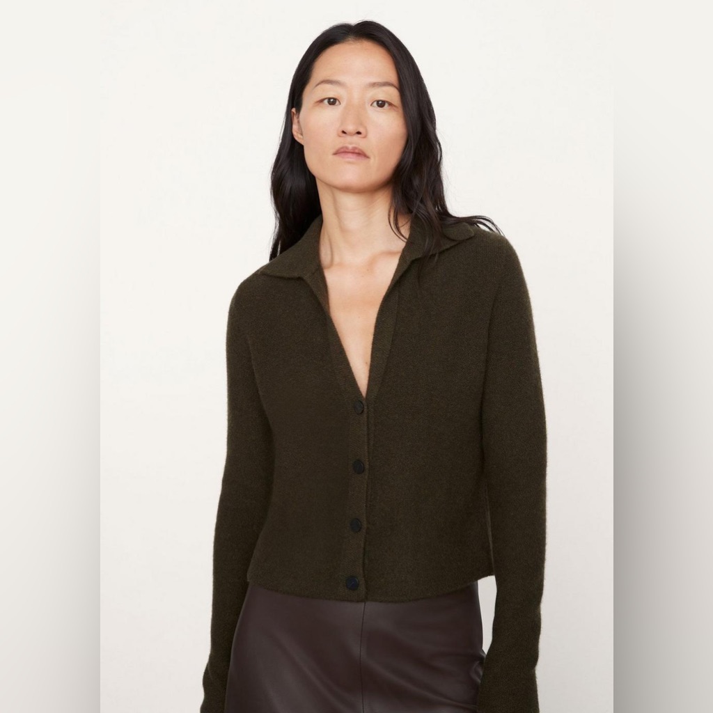 Nwt Vince Boiled Cashmere Polo Buttoned Cardigan Sweater In Black Leaf